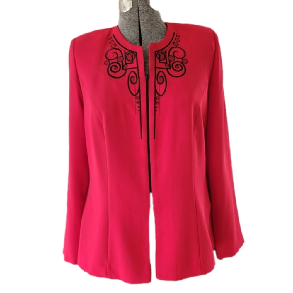 Vintage Danny & Nicole Red Embroidered Zip-up Dress Blazer Suit Coat-Siz…